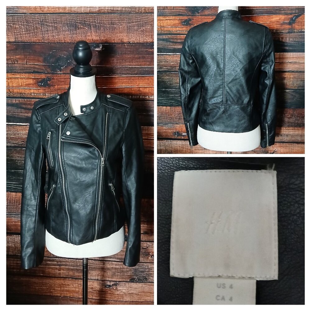 H&M Moto Jacket 4 Black Motorcycle Zipper Vegan Faux Leather